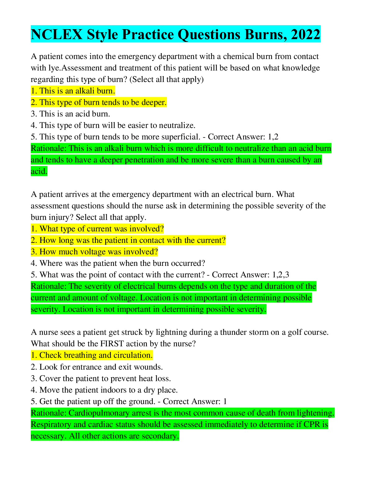 NCLEX Style Practice Questions Burns, 2022 Browsegrades